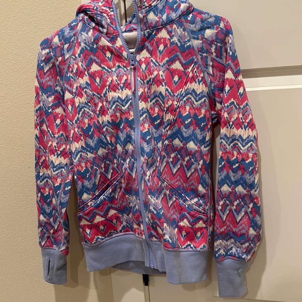 Ivivva girls size 12 pink blue hood zip jacket